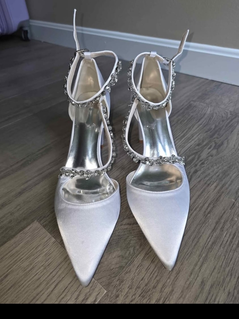 White Satin Pointed-Toe Crystal Strap Women's Heels